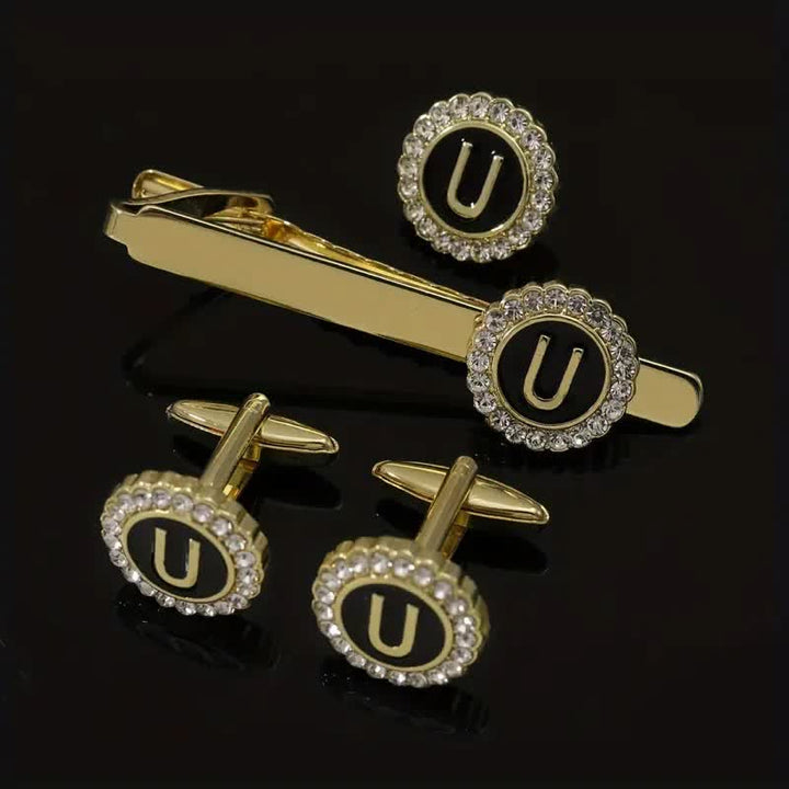 3Pcs Men's Gold 26 Capital Letters Tie Clip Brooch Cufflinks Set - U - image 20