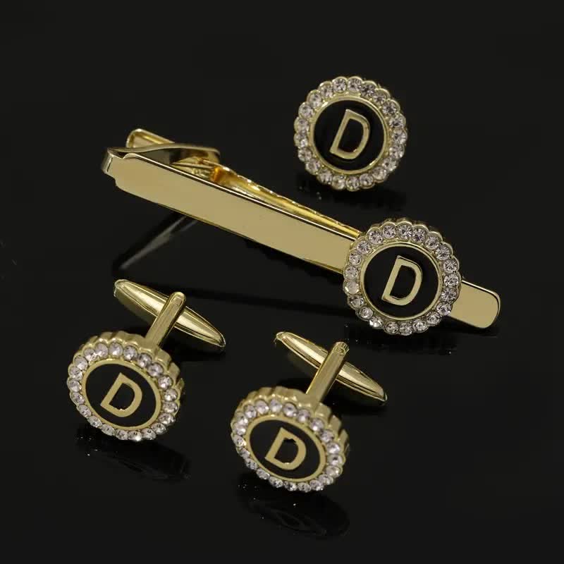 3Pcs Men's Gold 26 Capital Letters Tie Clip Brooch Cufflinks Set - D - image 3