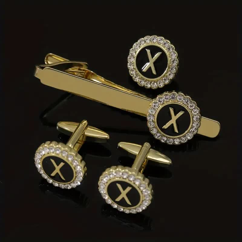 3Pcs Men's Gold 26 Capital Letters Tie Clip Brooch Cufflinks Set