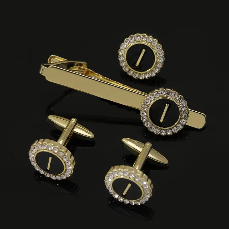 3Pcs Men's Gold 26 Capital Letters Tie Clip Brooch Cufflinks Set - I - image 8