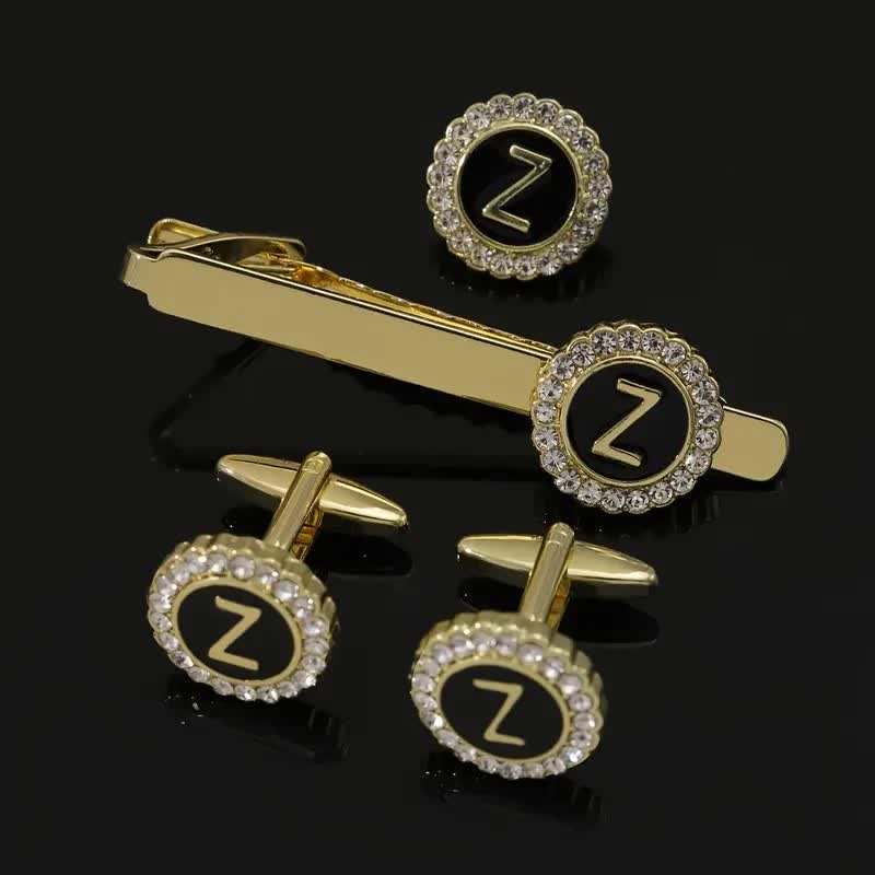 3Pcs Men's Gold 26 Capital Letters Tie Clip Brooch Cufflinks Set - Z - image 25