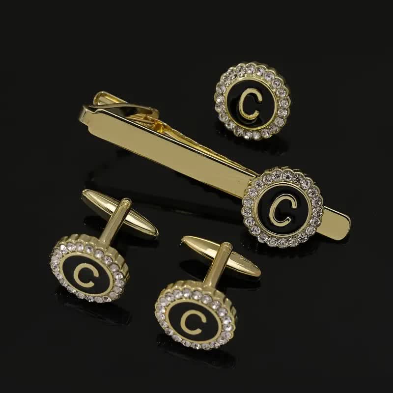 3Pcs Men's Gold 26 Capital Letters Tie Clip Brooch Cufflinks Set - C - image 2