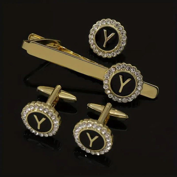 3Pcs Men's Gold 26 Capital Letters Tie Clip Brooch Cufflinks Set - Y - image 24