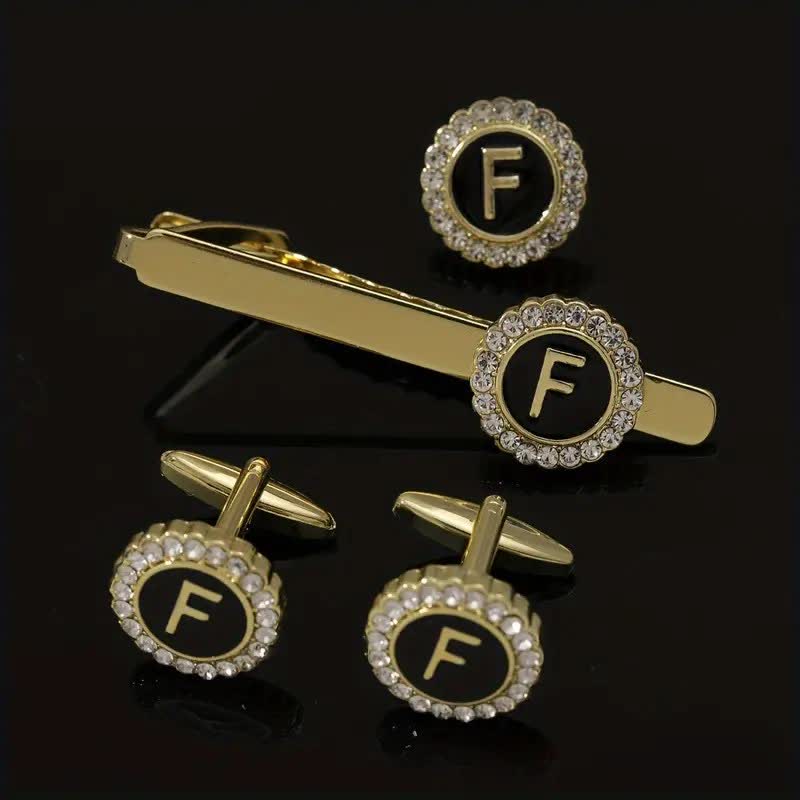 3Pcs Men's Gold 26 Capital Letters Tie Clip Brooch Cufflinks Set - F - image 5
