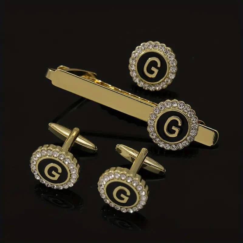 3Pcs Men's Gold 26 Capital Letters Tie Clip Brooch Cufflinks Set - G - image 6