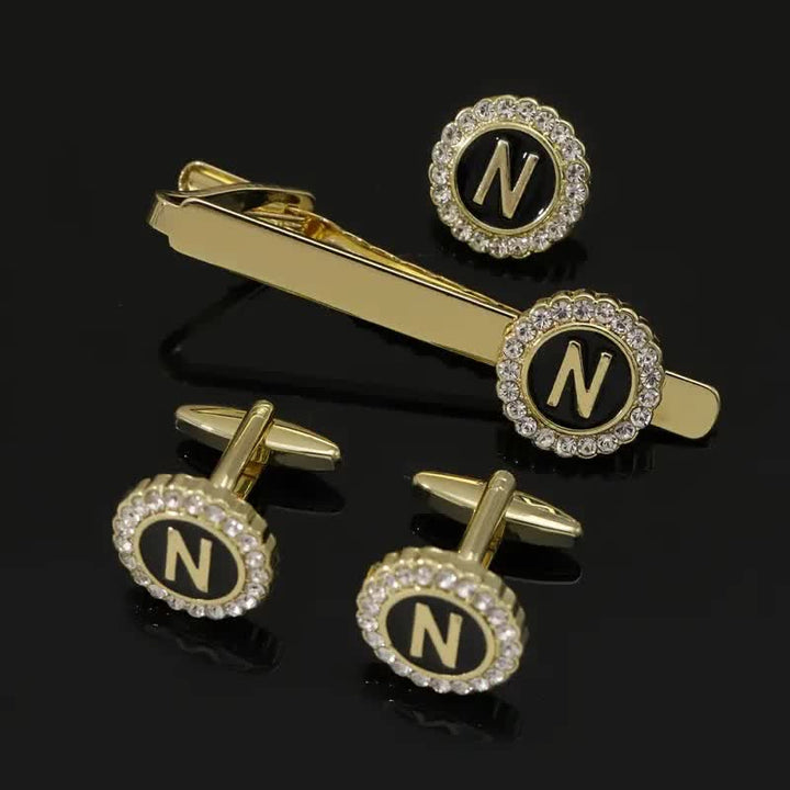 3Pcs Men's Gold 26 Capital Letters Tie Clip Brooch Cufflinks Set - N - image 13