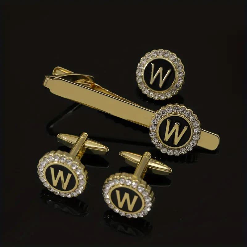 3Pcs Men's Gold 26 Capital Letters Tie Clip Brooch Cufflinks Set