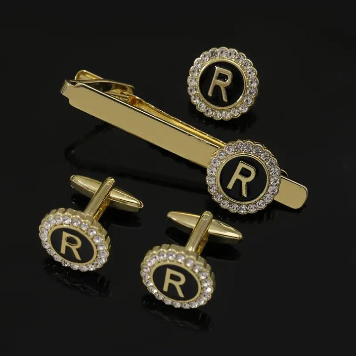 3Pcs Men's Gold 26 Capital Letters Tie Clip Brooch Cufflinks Set - R - image 17
