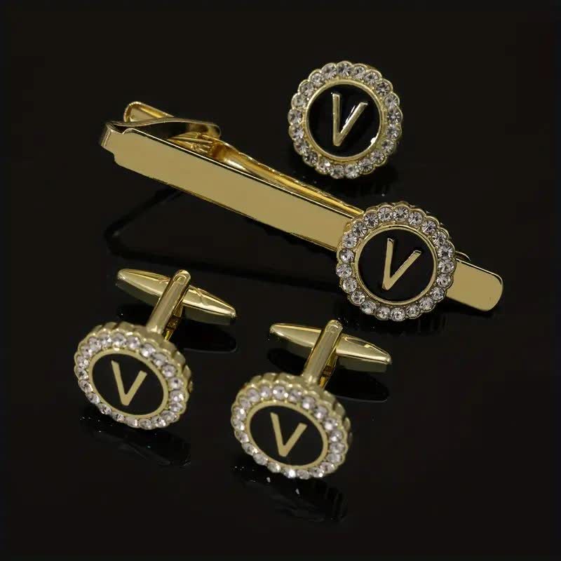 3Pcs Men's Gold 26 Capital Letters Tie Clip Brooch Cufflinks Set