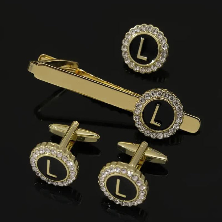 3Pcs Men's Gold 26 Capital Letters Tie Clip Brooch Cufflinks Set - L - image 11