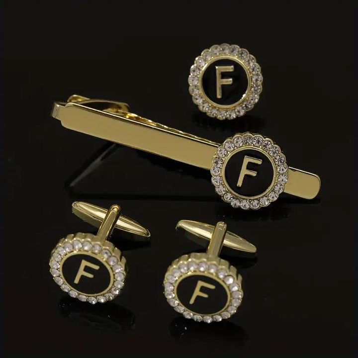 3Pcs Men's Gold 26 Capital Letters Tie Clip Brooch Cufflinks Set