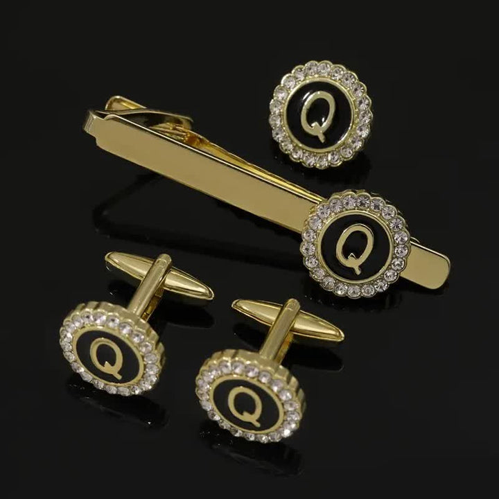3Pcs Men's Gold 26 Capital Letters Tie Clip Brooch Cufflinks Set - Q - image 16