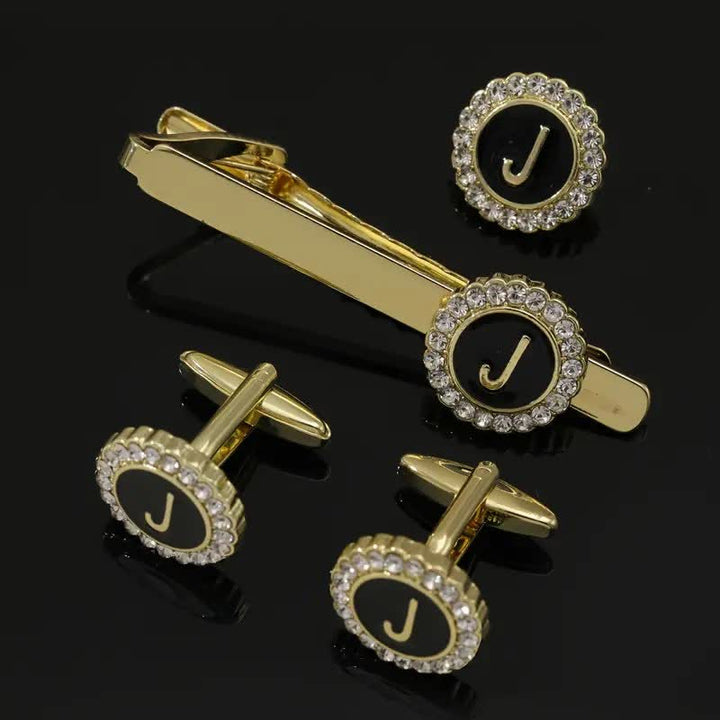 3Pcs Men's Gold 26 Capital Letters Tie Clip Brooch Cufflinks Set