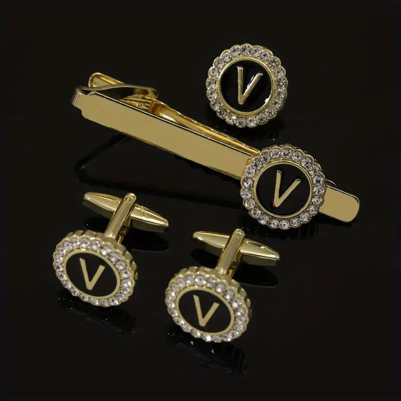 3Pcs Men's Gold 26 Capital Letters Tie Clip Brooch Cufflinks Set - V - image 21