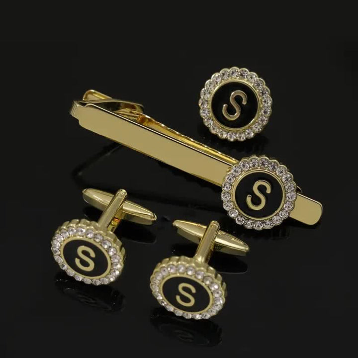 3Pcs Men's Gold 26 Capital Letters Tie Clip Brooch Cufflinks Set