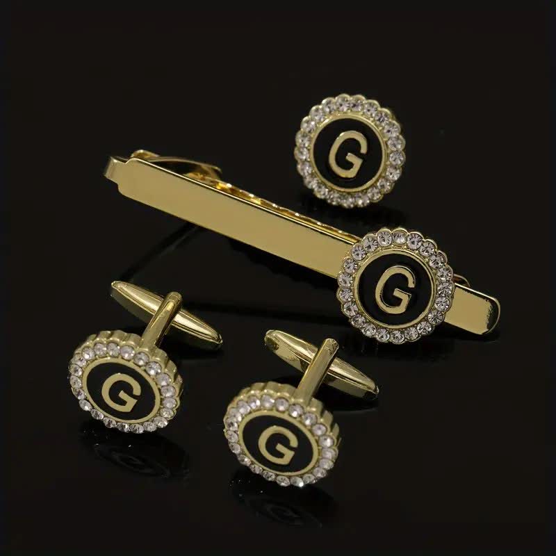 3Pcs Men's Gold 26 Capital Letters Tie Clip Brooch Cufflinks Set