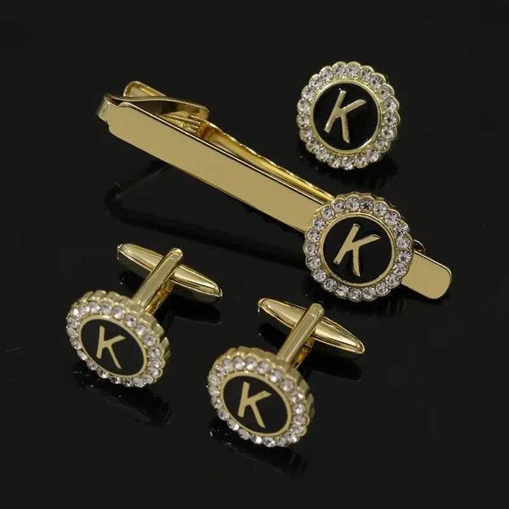 3Pcs Men's Gold 26 Capital Letters Tie Clip Brooch Cufflinks Set