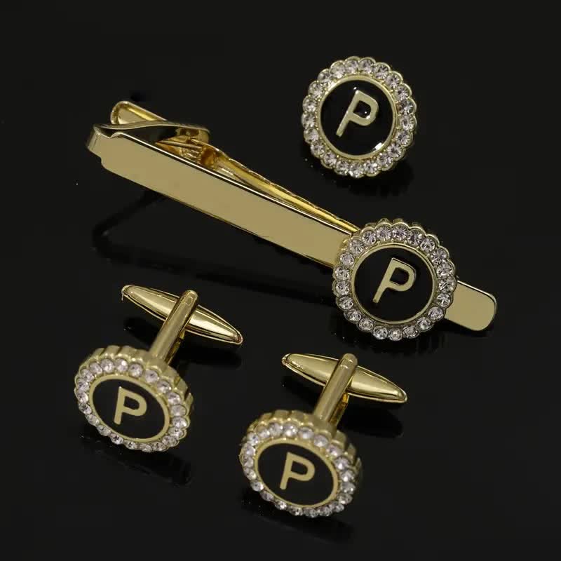 3Pcs Men's Gold 26 Capital Letters Tie Clip Brooch Cufflinks Set