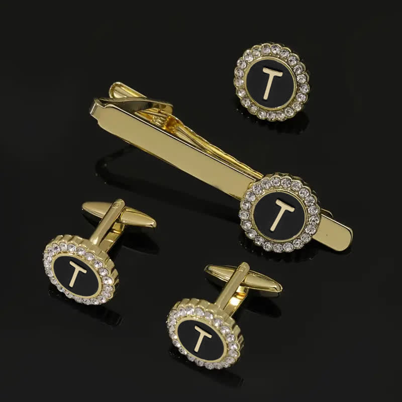 3Pcs Men's Gold 26 Capital Letters Tie Clip Brooch Cufflinks Set - T - image 19