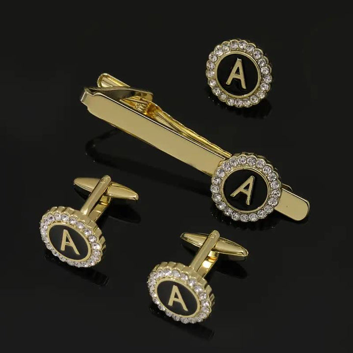 3Pcs Men's Gold 26 Capital Letters Tie Clip Brooch Cufflinks Set - A - image 0