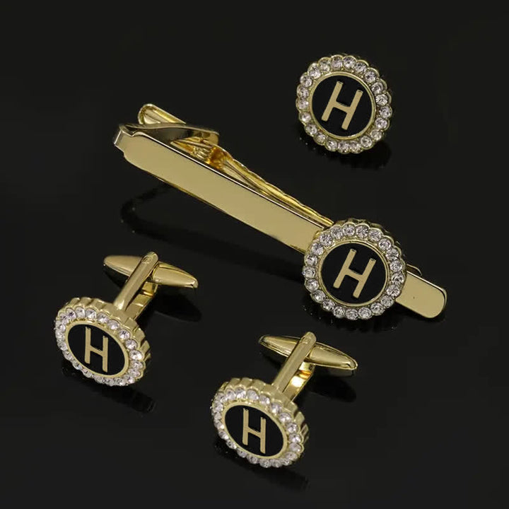 3Pcs Men's Gold 26 Capital Letters Tie Clip Brooch Cufflinks Set