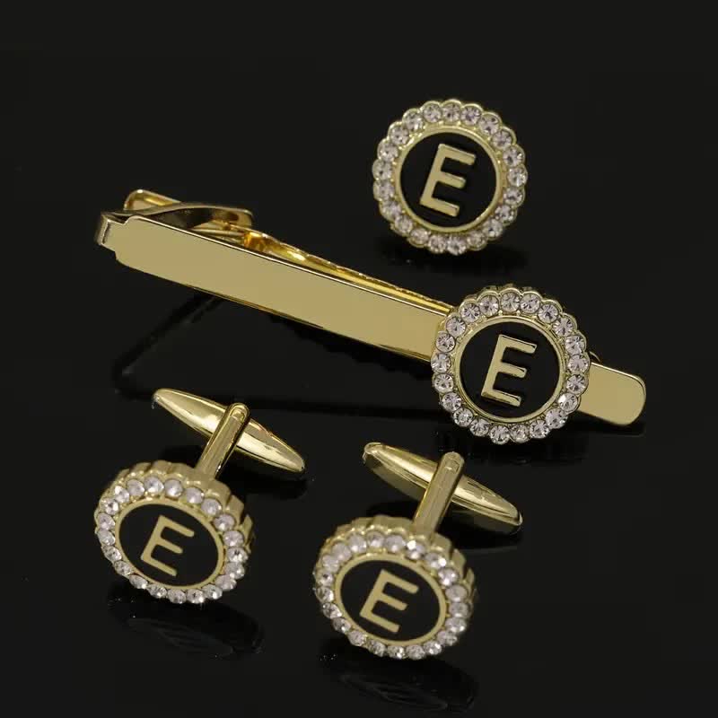 3Pcs Men's Gold 26 Capital Letters Tie Clip Brooch Cufflinks Set