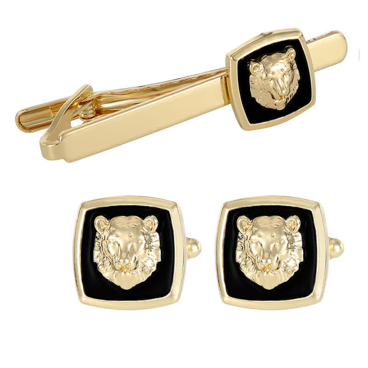 2Pcs Men's Black & Gold Tiger Shape Tie Clip Cufflinks Set