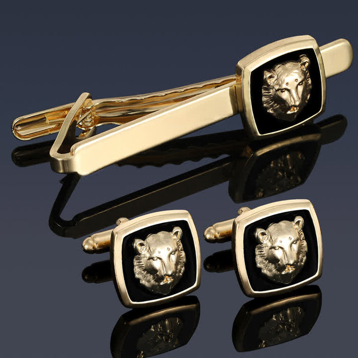 2Pcs Men's Black & Gold Tiger Shape Tie Clip Cufflinks Set