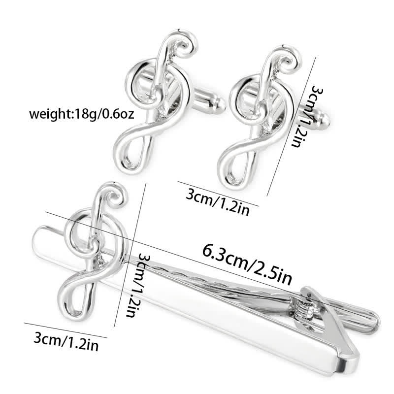 2Pcs Men's Silver Fashion Music Note Tie Clip Cufflinks Set