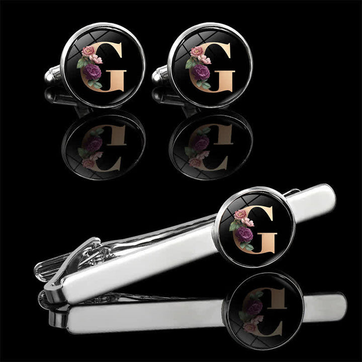 3Pcs Men's Flower 26 Capital Letters Tie Clip Brooch Cufflinks Set