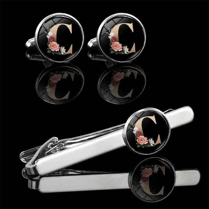 3Pcs Men's Flower 26 Capital Letters Tie Clip Brooch Cufflinks Set