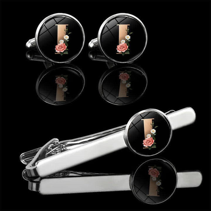 3Pcs Men's Flower 26 Capital Letters Tie Clip Brooch Cufflinks Set - I - image 11