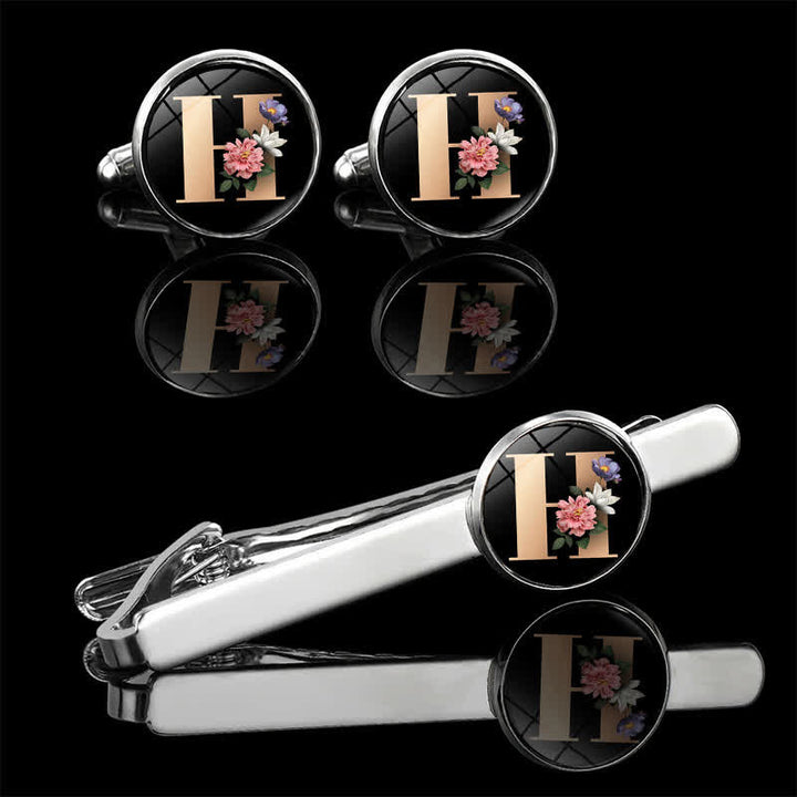 3Pcs Men's Flower 26 Capital Letters Tie Clip Brooch Cufflinks Set - H - image 10