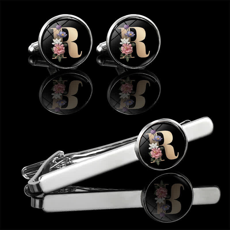 3Pcs Men's Flower 26 Capital Letters Tie Clip Brooch Cufflinks Set