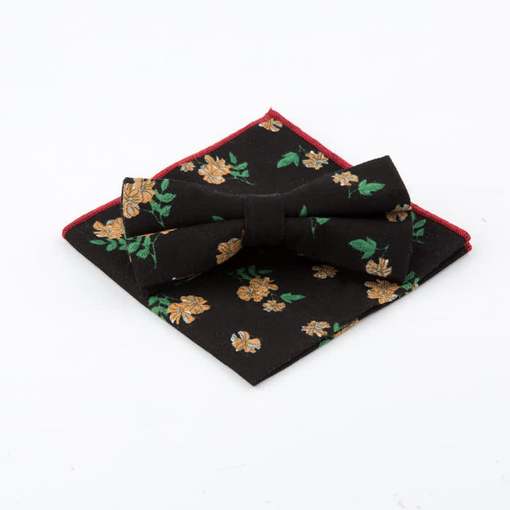 2Pcs Men's Flower Cotton Handkerchief Bow Tie Set