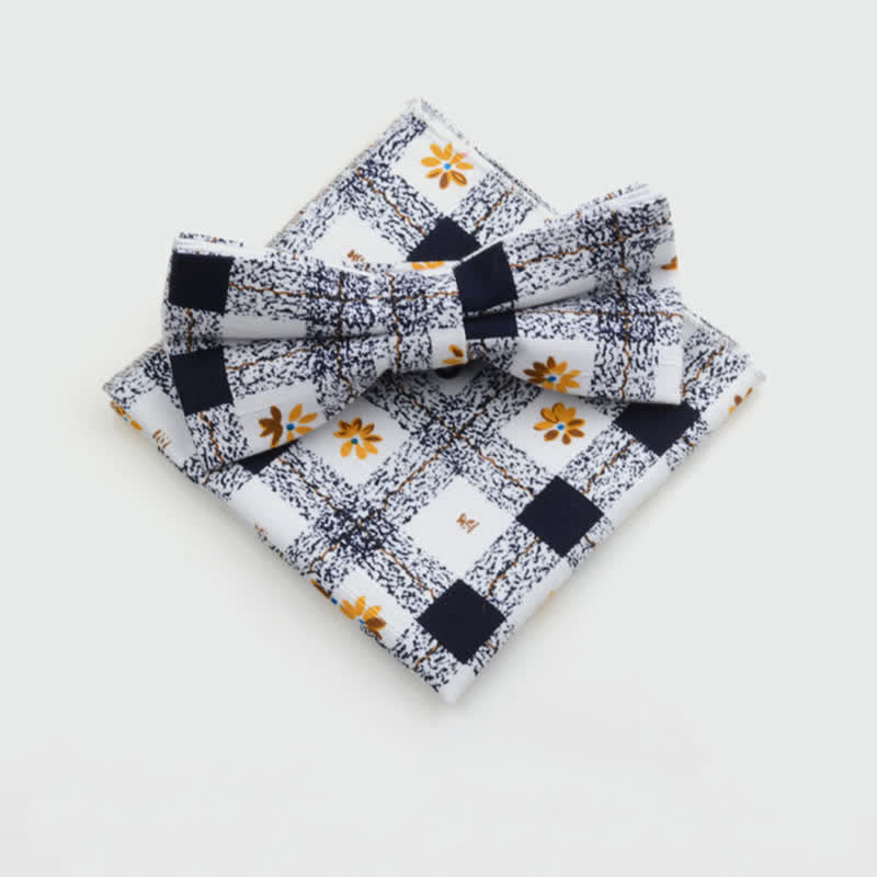 2Pcs Men's Paisley Flower Cotton Handkerchief Bow Tie Set