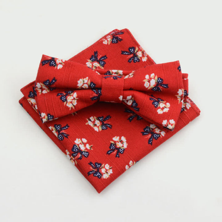 2Pcs Men's Paisley Flower Cotton Handkerchief Bow Tie Set