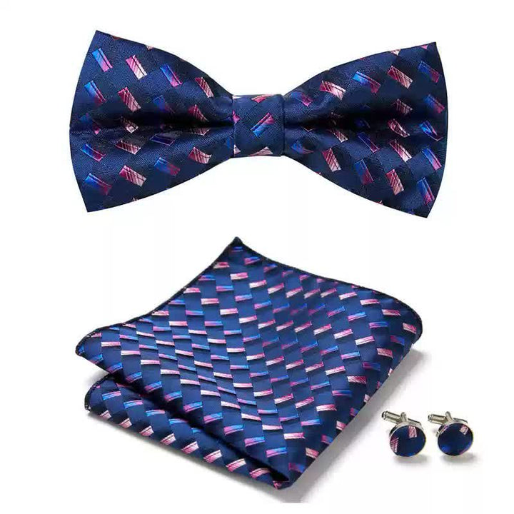 3Pcs Men's Navy Weave Pattern Pocket Square Cufflinks Bow Tie Set