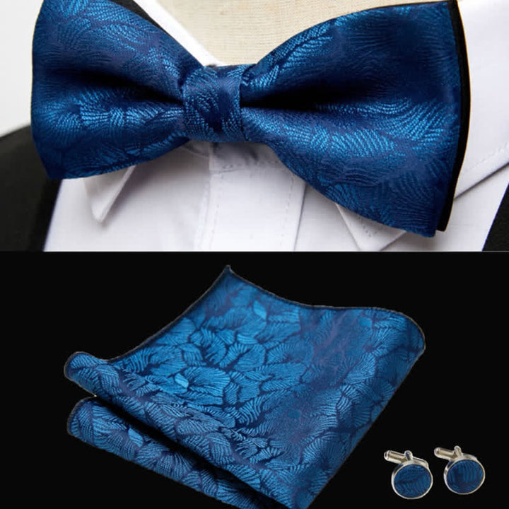 3Pcs Men's Blue Palm Leaves Pocket Square Cufflinks Bow Tie Set