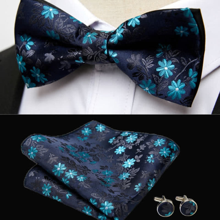 3Pcs Men's Midnight Blue Flowers Pocket Square Cufflinks Bow Tie Set