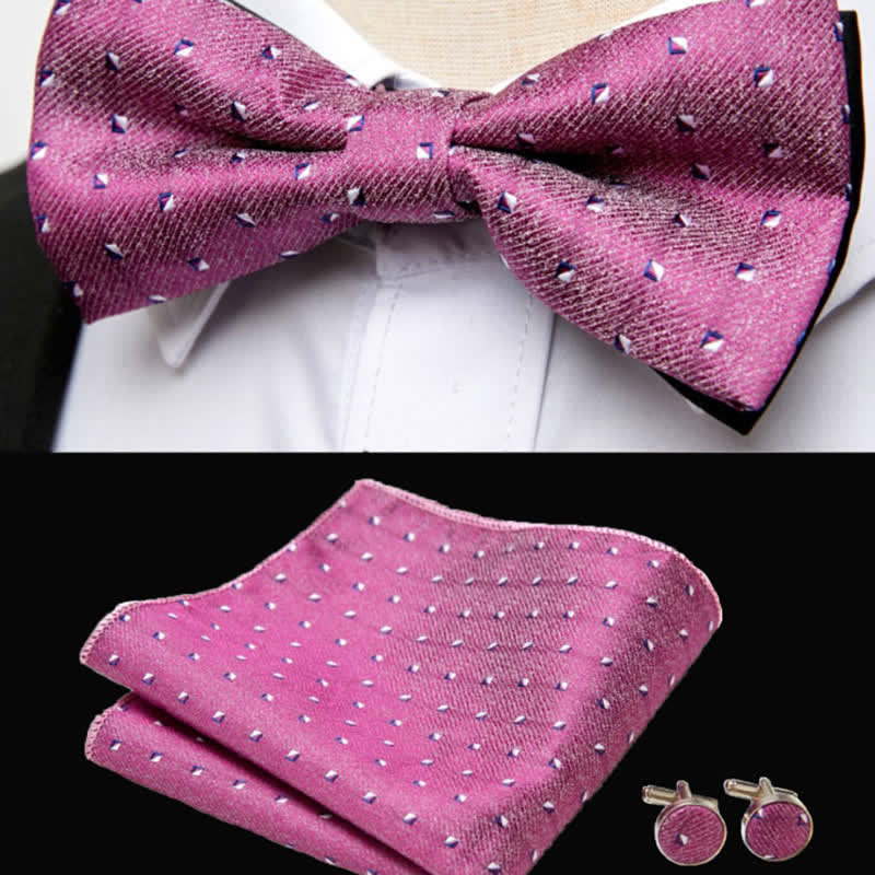 3Pcs Men's Pink Geometry Pocket Square Cufflinks Bow Tie Set