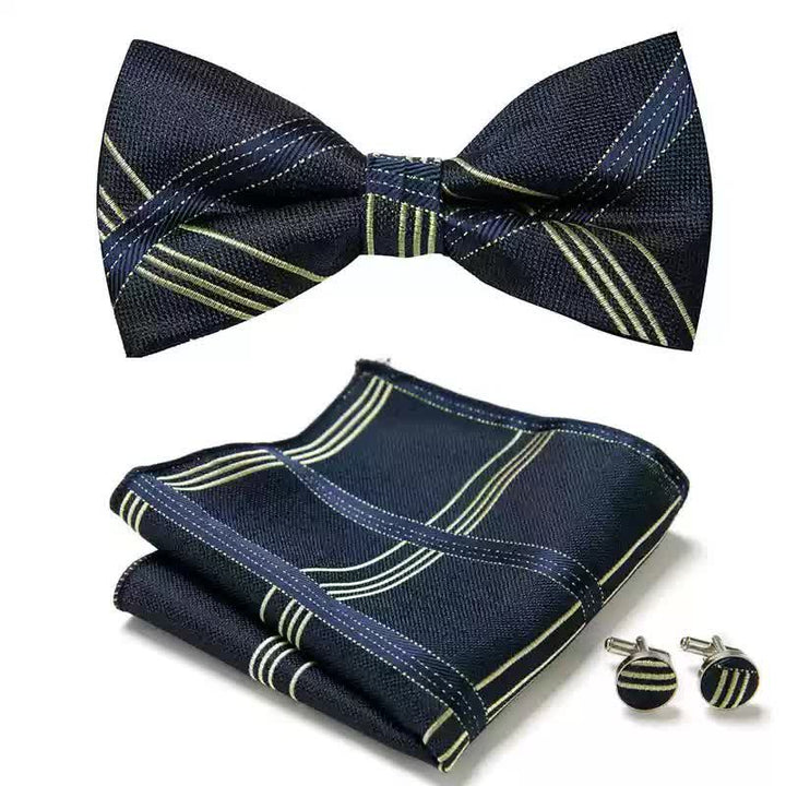 3Pcs Men's MidnightBlue Plaid Pocket Square Cufflinks Bow Tie Set