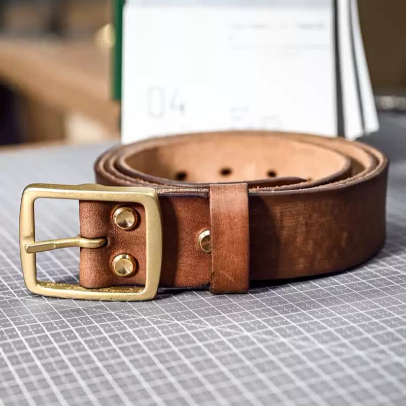 Casual Brass Buckle Hand-Made Distressed Leather Belt