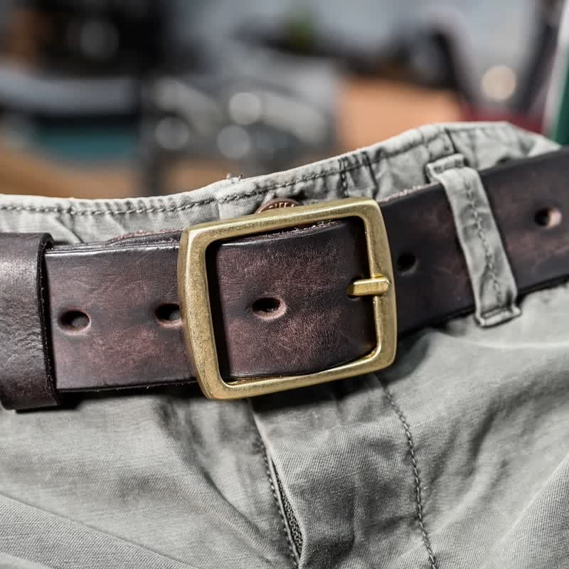 Casual Brass Buckle Hand-Made Distressed Leather Belt