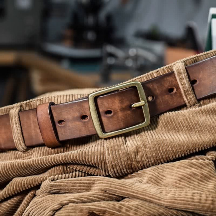 Casual Brass Buckle Hand-Made Distressed Leather Belt