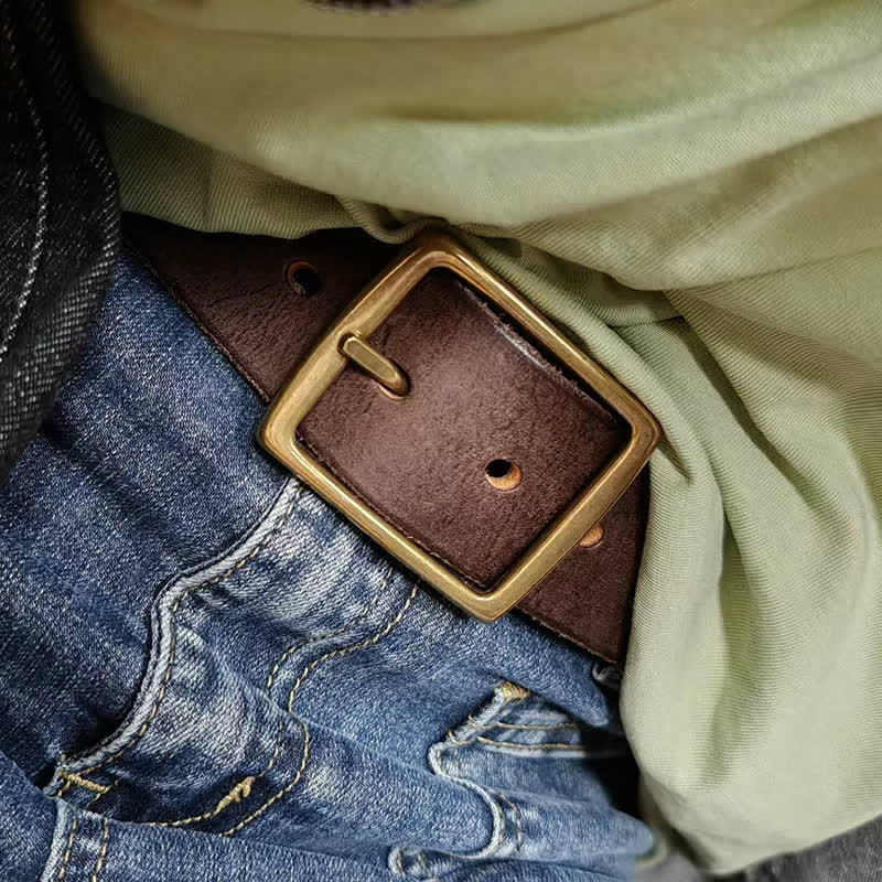 Casual Brass Buckle Hand-Made Distressed Leather Belt