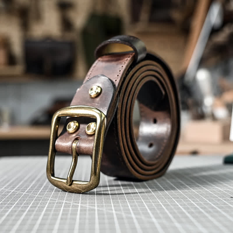 Retro Distressed Brass Buckle Hand-Made Stitching Leather Belt