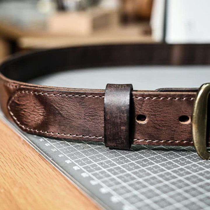 Retro Distressed Brass Buckle Hand-Made Stitching Leather Belt