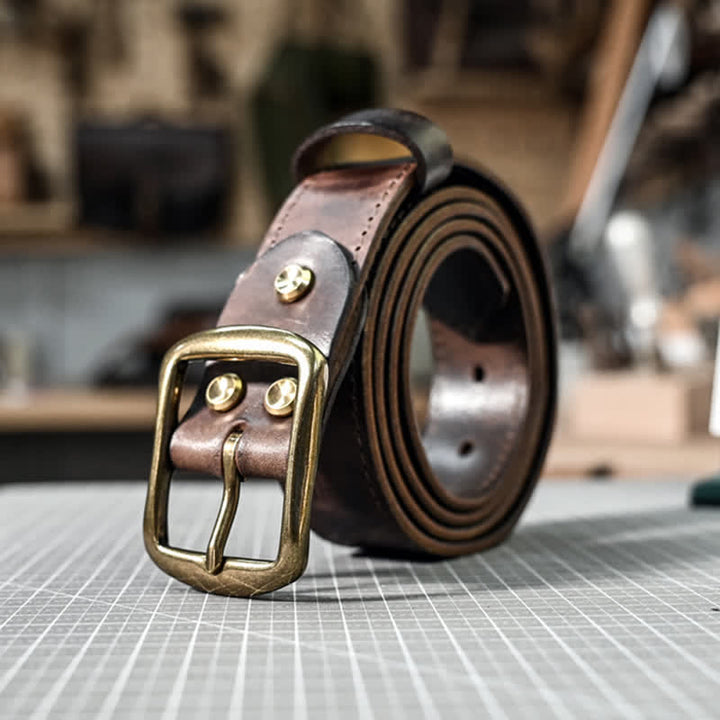 Retro Distressed Brass Buckle Hand-Made Stitching Leather Belt - image 6