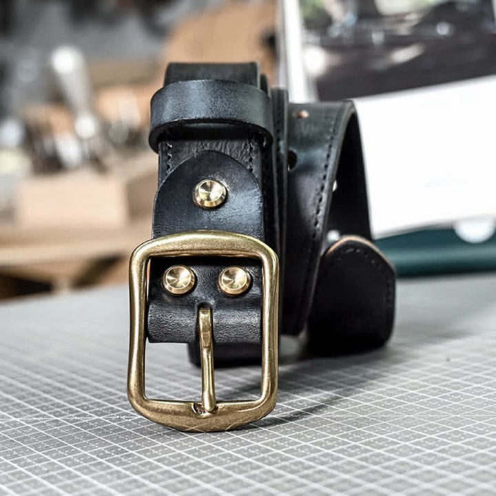 Retro Distressed Brass Buckle Hand-Made Stitching Leather Belt